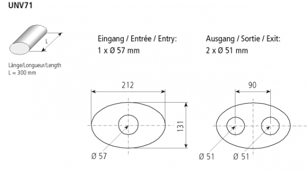 Universal-Schalldämpfer oval 212 x 131 mm, Länge 300 mm, Eingang