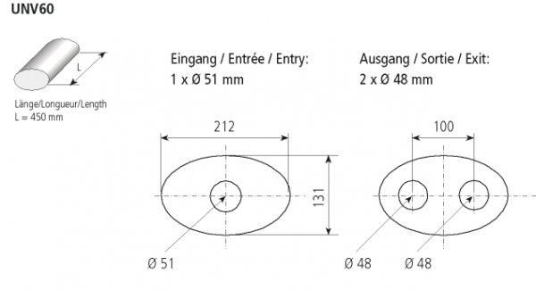 Universal-Schalldämpfer oval 212 x 131 mm, Länge 450 mm, Eingang