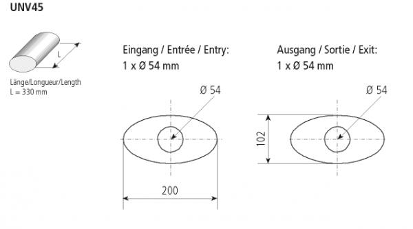 Universal-Schalldämpfer oval 200 x 102 mm, Länge 330 mm, Eingang