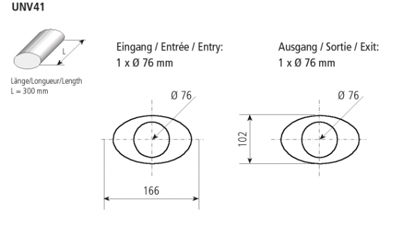 Universal-Schalldämpfer oval 166 x 102 mm, Länge 300 mm, Eingang