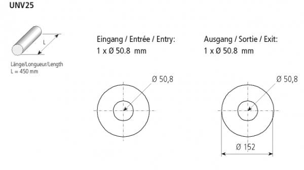 Universal-Schalldämpfer rund 152 mm, Länge 450 mm, Eingang 1 x Ø