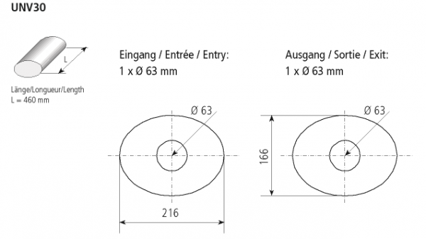 Universal-Schalldämpfer oval 216 x 166 mm, Länge 460 mm, Eingang