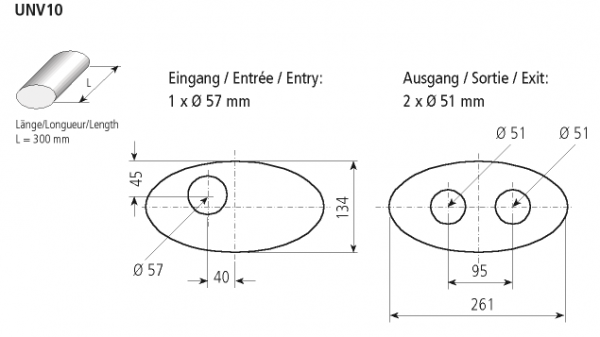 Universal-Schalldämpfer oval 261 x 134 mm, Länge 300 mm, Eingang