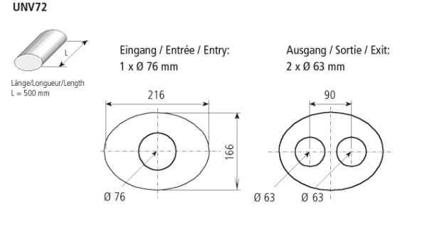 Universal-Schalldämpfer oval 216 x 166 mm, Länge 500 mm, Eingang