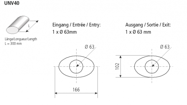 Universal-Schalldämpfer oval 166 x 102 mm, Länge 300 mm, Eingang