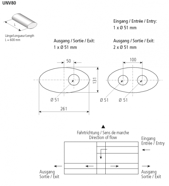 Universal-Schalldämpfer oval querliegend 261 x 131 mm, Länge 600