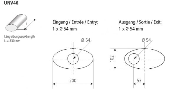 Universal-Schalldämpfer oval 200 x 102 mm, Länge 330 mm, Eingang