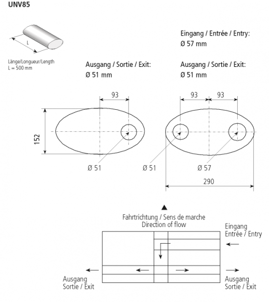 Universal-Schalldämpfer oval querliegend 290 x 152 mm, Länge 500