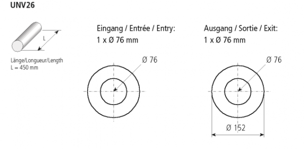 Universal-Schalldämpfer rund 152 mm, Länge 450 mm, Eingang 1 x Ø