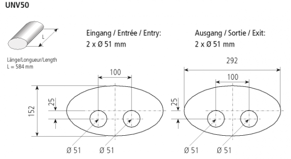 Universal-Schalldämpfer oval 292 x 152 mm, Länge 584 mm, Eingang