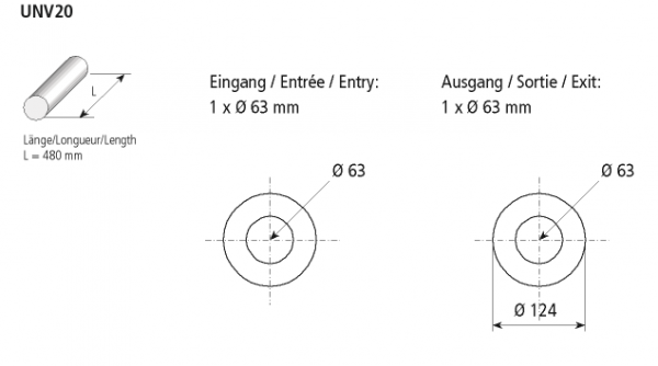 Universal-Schalldämpfer rund 124 mm, Länge 480 mm, Eingang 1 x Ø