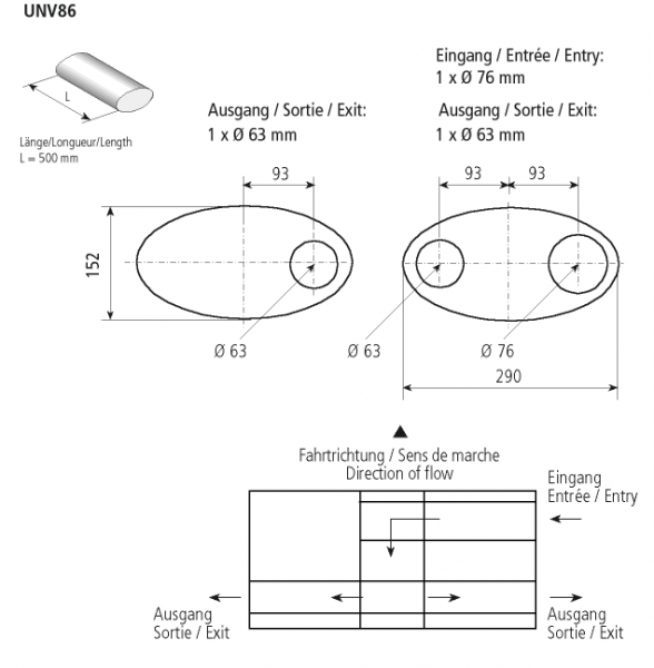 Universal-Schalldämpfer oval querliegend 290 x 152 mm, Länge 500