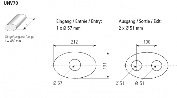 Universal-Schalldämpfer oval 212 x 131 mm, Länge 480 mm, Eingang