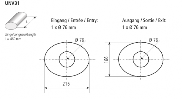 Universal-Schalldämpfer oval 216 x 166 mm, Länge 460 mm, Eingang