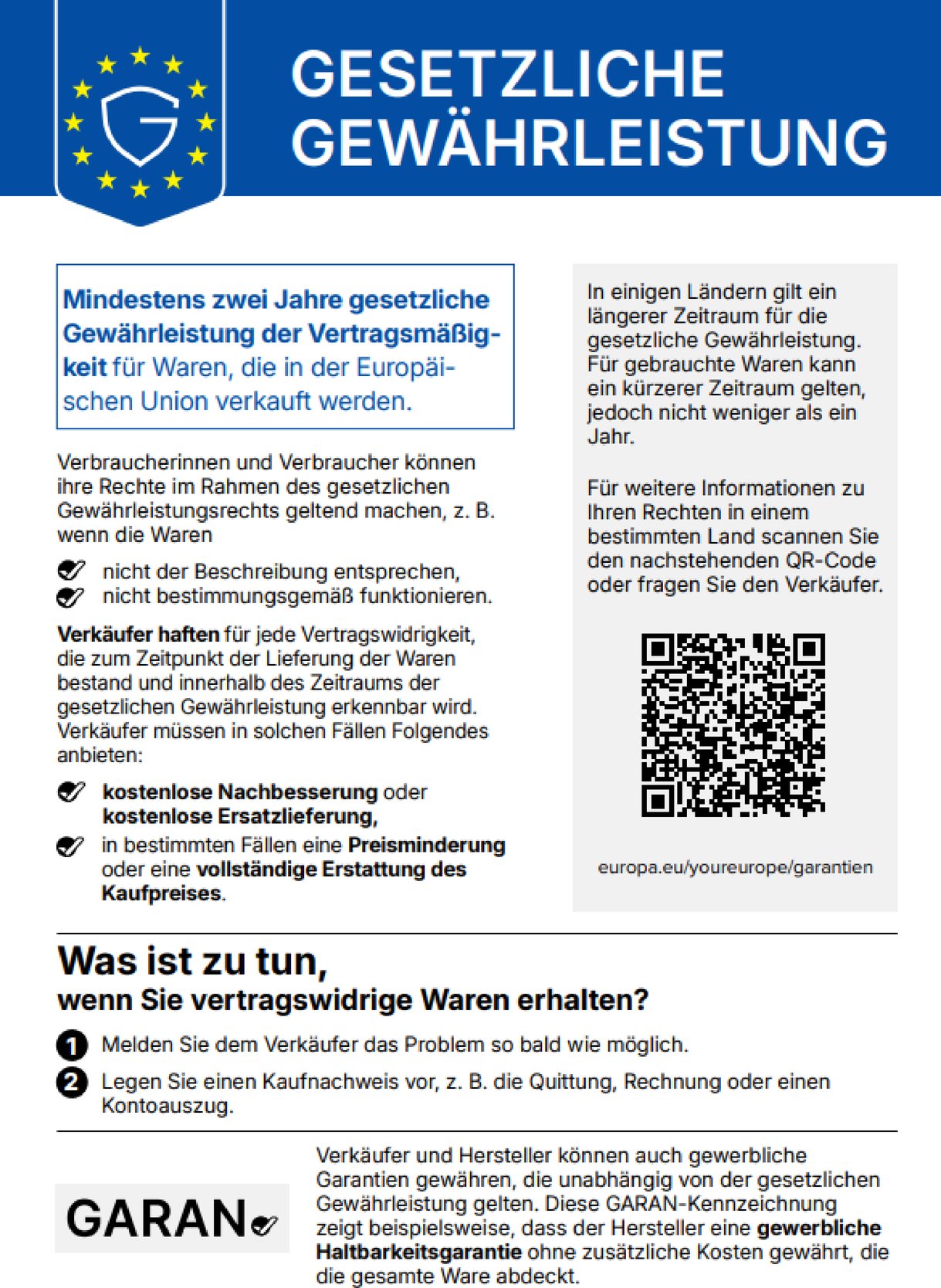 Gesetzliche Gewährleistung 2 Jahre EU-weit